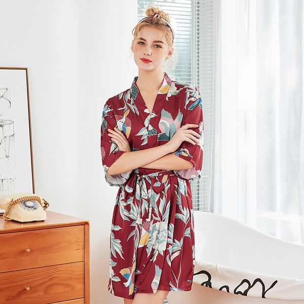 

весной новый 1 шт. плюс размер печати мода женщины халат половина рукава с пояса халат, Black;red