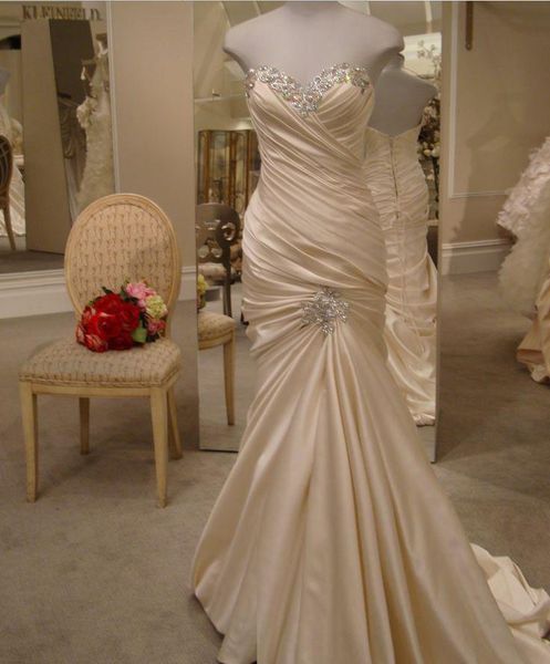 

vestido de noiva sweetheart formal wedding dresses ruched crystals beaded champagne wedding dress lace up back with sweep train, White