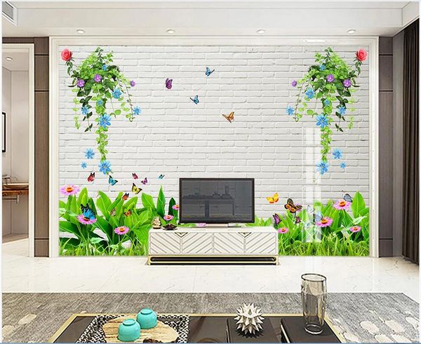 

custom p 3d wallpaper simple modern flower grass butterfly brick wall tv background home decor 3d wall murals wallpaper for walls 3 d