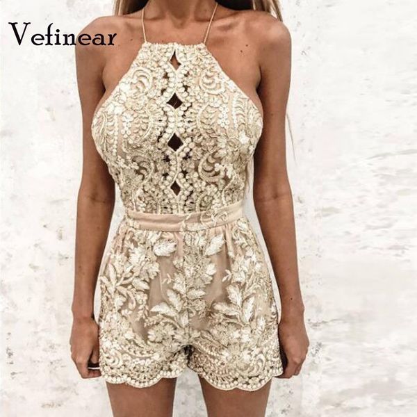 

vefinear gold lace bodysuit women mesh jumpsuit rompers halter neck outfits one piece bodysuits for women overalls xxl, Black;white