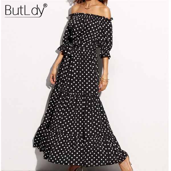 

print polka dot long maxi dress women off shoulder backless boho bohemian beach party dress sundress summer 2019 casual dresses, Black;gray