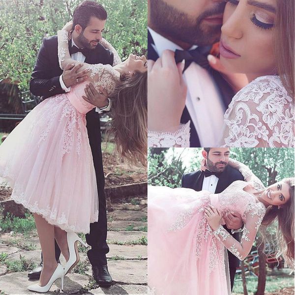 

изысканный тюль v шеи neck homecoming платье длина до колен линии платья с кружевом аппликации с длинными рукавами розовых вечерних платья, Blue;pink