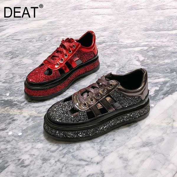 

deat] 2020 round toe pu leather hollow out bling color sequins single thick bottom shoes women new spring autumn tide 10h327, Black