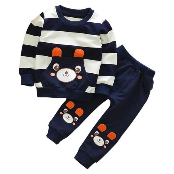 

new fashion toddler baby boy girl cartoon striped bear pattern +pants outfits hoody clothes, White