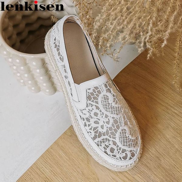 

dress shoes lenkisen leisure air mesh breathable sunscreen round toe high heels hollow wedges thick bottom lace on daily wear pumps l90, Black