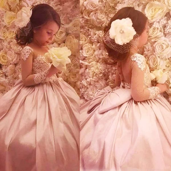 

sheer neck ball gown flower girls dresses with big bow long sleeve appliqued little girl pageant birthday dress, White;blue