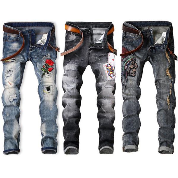 

mens distressed ripped skinny jeans 2019 fashion designer mens jeans slim motorcycle biker causal mens hip hop denim pants size 29-38, Blue