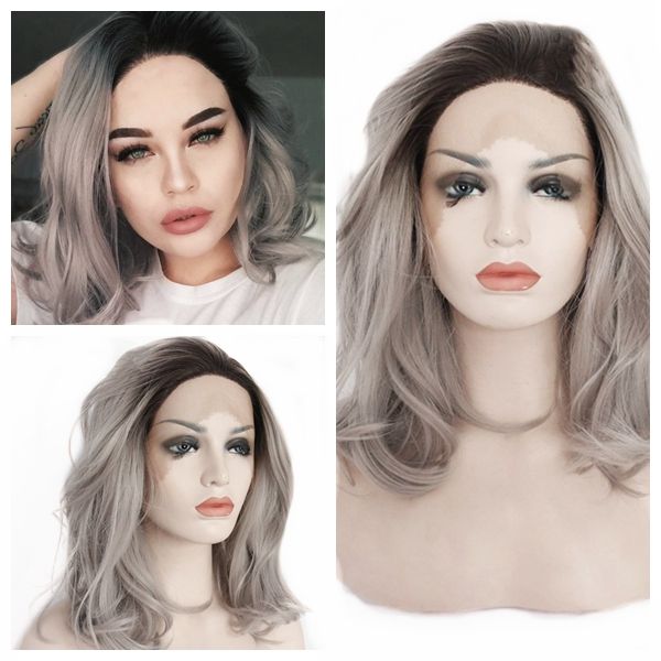 Ombre Gray Lace Front Wigs Dark Roots Short Bob Synthetic Wigs Silver Grey Short Wavy Synthetic Lace Wig For Women 12 Inches Wigs Black Hair Vanessa
