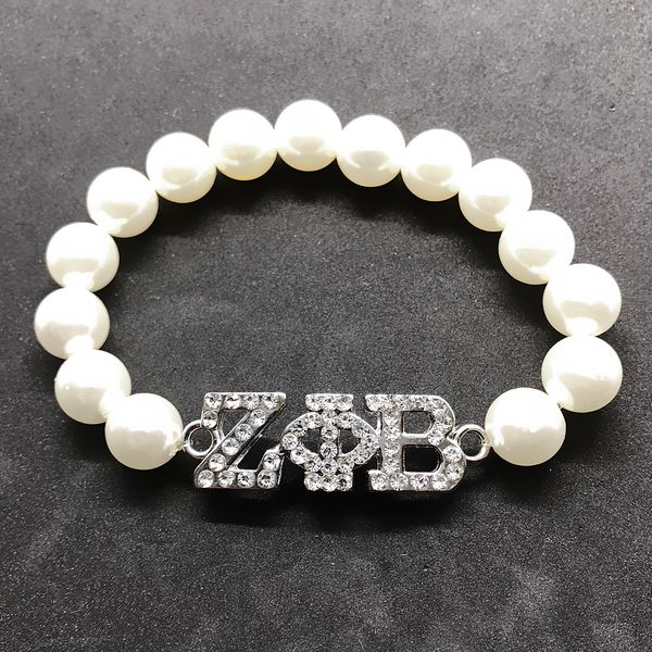 

college greek letter society zeta phi beta sorority jewelry zpb crystal inlay metal pendant simulation pearl elastic bracelet, Golden;silver