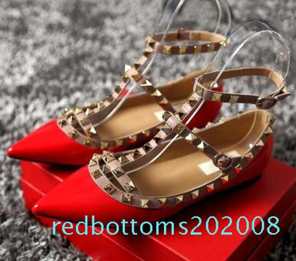 

2018brand women pumps pointed toe flat fashion women shoes rivets genuine leather ankle strap sandals shoes 33-43 r08, Black