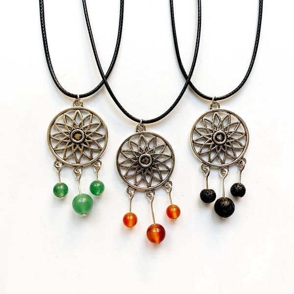 

stainless steel charm dreamcatcher flower pendant necklace natural stone healing spiritual jewelry black cord adjustable, Silver