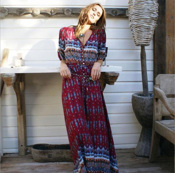 

autumn new dress bohemian style printed women's chic beach long dress ankle-length beautiful four colors available, Black;gray