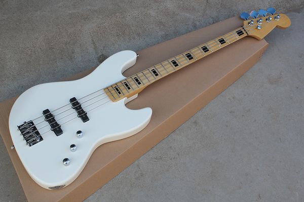 Fabrikspezifische weiße 4-saitige E-Bassgitarre mit Ahorngriffbrett, schwarzem Blockbund-Inlay, Chrom-Hardware, individuelles Angebot