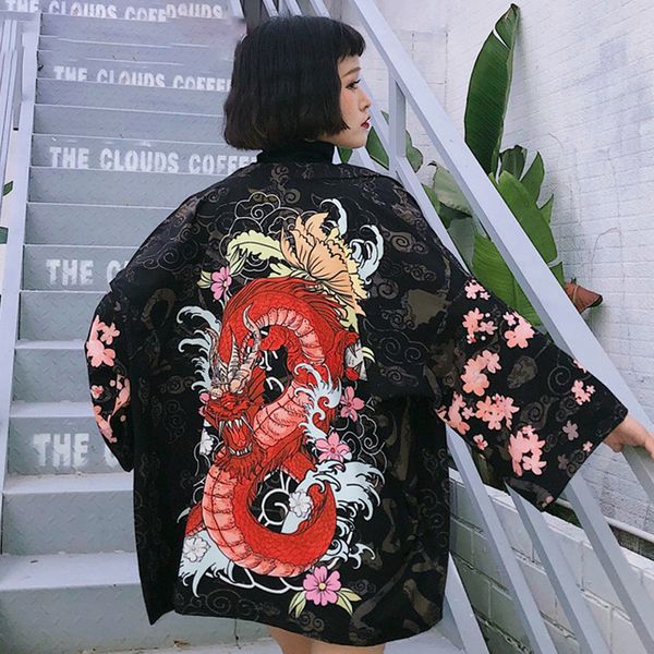 

для женщин топы блузки женщины японские harajuku женщины кимоно кардиган блуза dragon печать 3 рукавом v шеи дряблая повседневный вс защитно, White