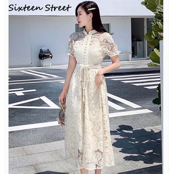 

braided belt high waist woman's dress hollow out embroidery short-sleeve apricot vintage maxi dress summer 2020 new, Black;gray