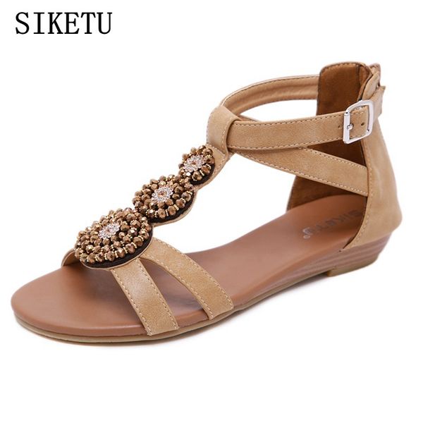 

siketu summer roman women's sandals cow muscle bottom flats word buckle ethnic style wild sandals retro women's, Black