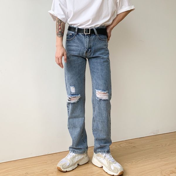 

men vintage fashion casual broken hole straight jeans pant male japan korea style streetwear hip hop denim trousers moto pants, Blue