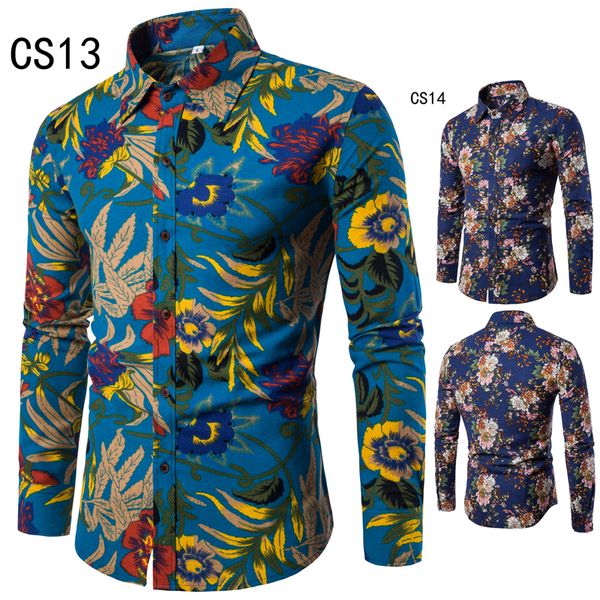 

2019 spring new men slim past casual linens long mouw youth fashion multi -colored plus men's flower shirt, White;black