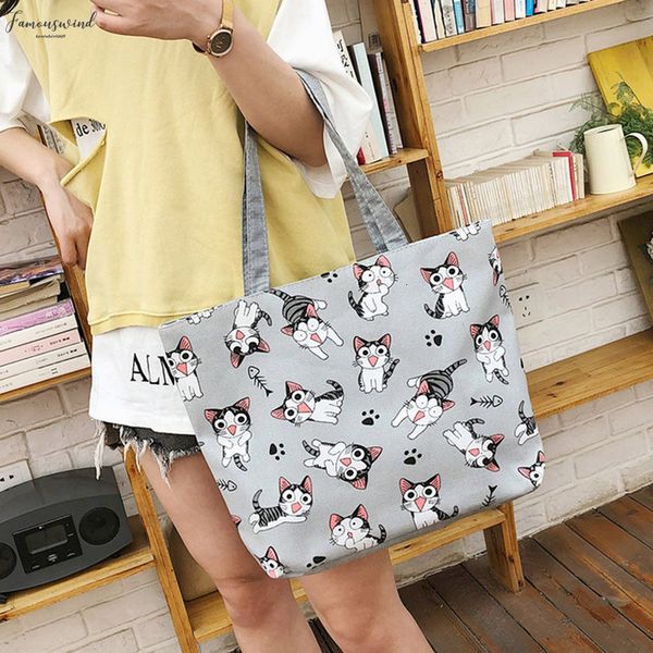 

fashion cartoon canvas bag women cat print shoulder bag big capacity lady handbag canvas shopping bags tote zipper yj