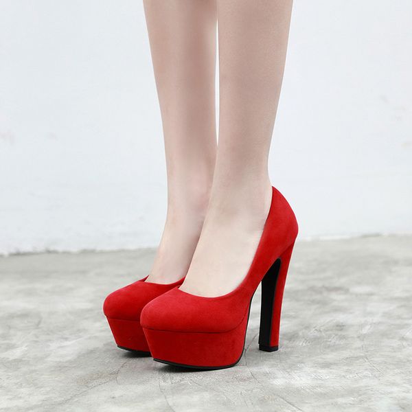 

2019 spring and autumn new suede round toe thick single shoes waterproof platform high heel women's shoes red wedding shoes, Black