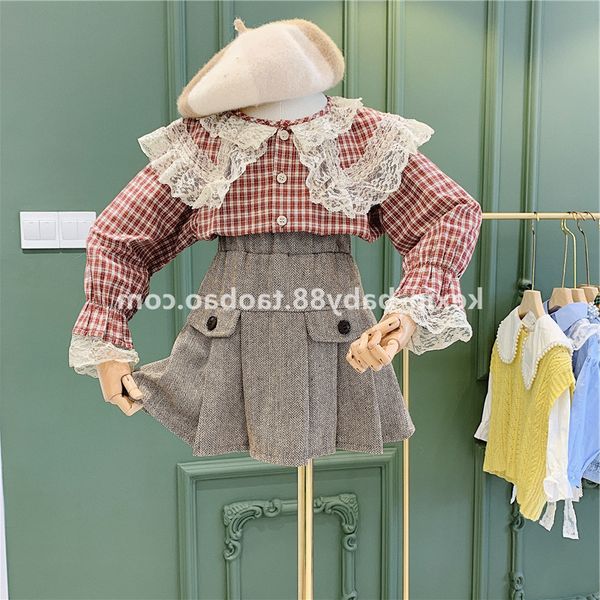 

2019 autumn new arrival girls 2 pieces sets plaid blouse+skirt baby girl clothes, White