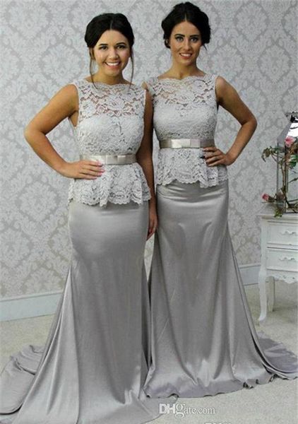 2019 a buon mercato Grigio Pizzo Peplum Breidesmaid Dress Lungo Country Garden Formal Wedding Party Guest Maid of Honor Gown Plus Size Personalizzato