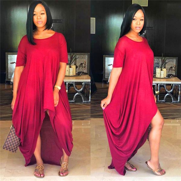 

summer female hi lo dress women crew neck short sleeve pure color dresses casual ladies holidays dresses, Black;gray