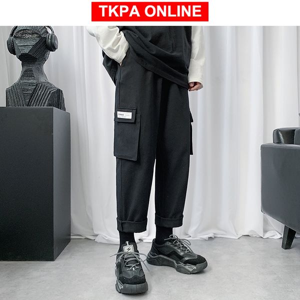 

men harajuku wide leg harem pants 2020 mens cargo pants korean streetwear hip hop joggers male khaki fashion sweatpants, Black