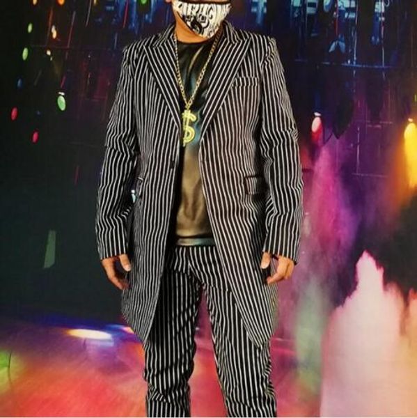 

2019 new nightclub male singer ds dj black and white pinstripe british long suit hip hop stage personality coat blazer men -5xl, Tan;black