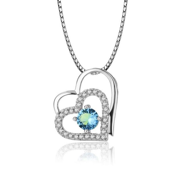 

trendy 925 sterling silver necklace for women party accessories shining zircon heart double pendant necklace girls bride wedding