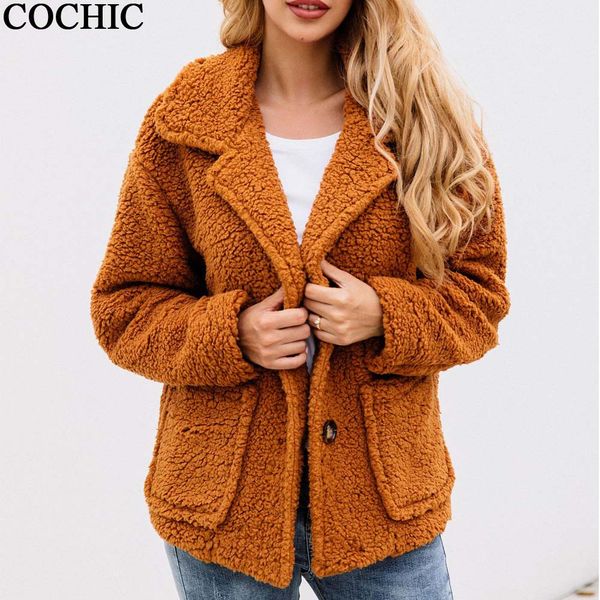 

women autumn winter thick warm fleece pocket single-breasted short jacket solid turn down collar jacket streetwear, Black;brown