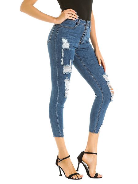 

2019. new spring european and american jeans with holes and elastic body-building jeans, Blue