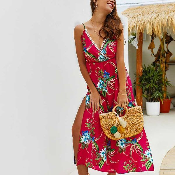 

summer print split stitching beach boho dress robe femme 2019 women vestidos strap long maxi dress womens dresses, Black;gray