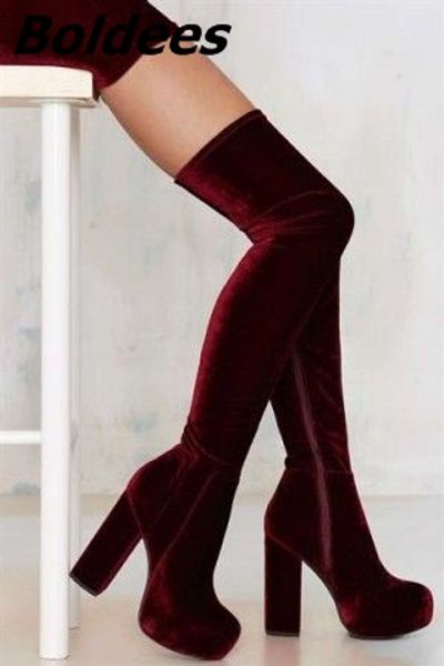 

elegant women warm velvet burgundy block heel thigh high boots chunky heel round toe platform boots new arrival selling, Black