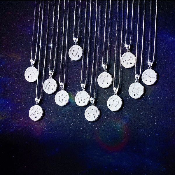 

inzatt 925 sterling silver minimalist round constellation pendant necklace for women jewelry choker box chain birthday gift
