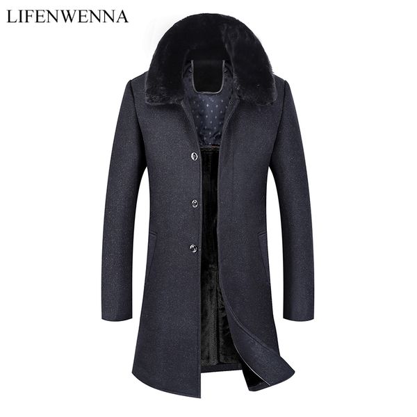 

men's warm long woolen coat 2019 new arrival winter warm thicked trench coat men men's gray wool fur collar jackets, Black