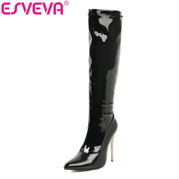 

esveva 2020 pointed toe winter elegant shoes women knee-high boots thin high heel pu+patent leather boots size 34-43, Black