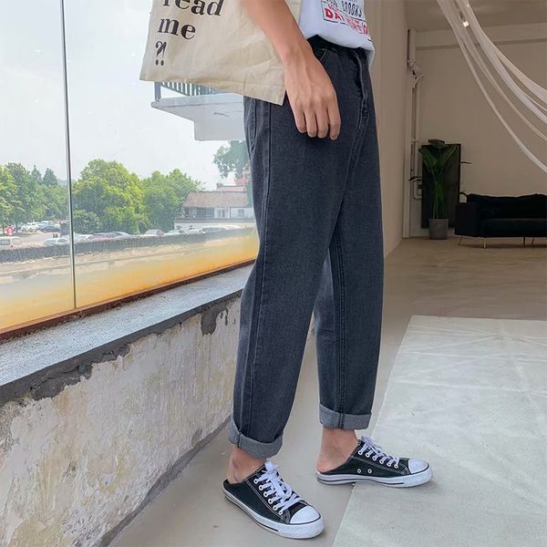 

wholesale 2020 fashion casual men's jeans casual korean ankle length pants loose straight drop wide leg daddy denim pants, Blue