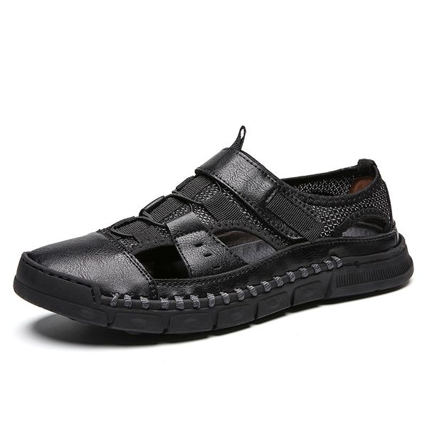 

summer business casual men's sandals men leather splice shoes outdoor male hand stitching wrapped toe beach sandal man shoes, Black