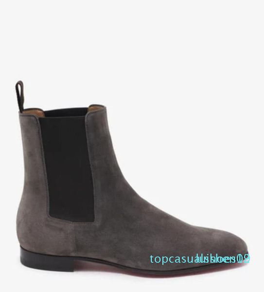 

men's short boots brand red bottom roadie flat for men ankle boots black/brown/grey suede matte genuine leather slip on boots t19