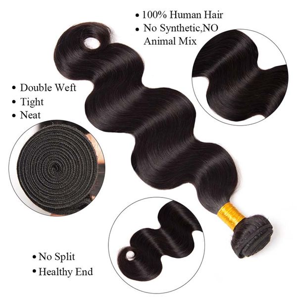 Capelli malesi dell'onda del corpo 3 pacchi 100% tessuto di capelli umani tessitura di capelli non remy fascio di 100 g colore nero naturale, DHL libero