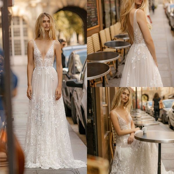 

гали karten 2019 пляж свадебные платья sexy глубокий v шеи кружева аппликации boho свадебные платья спинки развертки поезд богемной a-line с, White