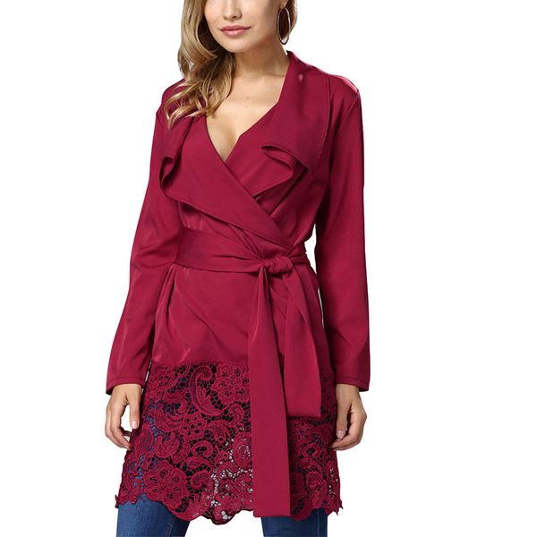 

2017 red women windbreaker trench coats spring autumn long sleeve lace stitching waist belt windbreaker long outwear, Tan;black