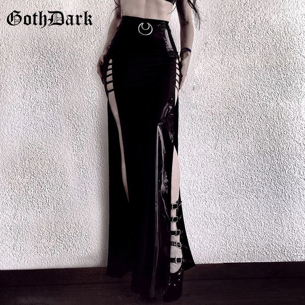 

goth dark black vintage gothic long skirt harajuku spliced zipper punk autumn 2019 winter aesthetic pu metal ring skirt grunge, Black;gray