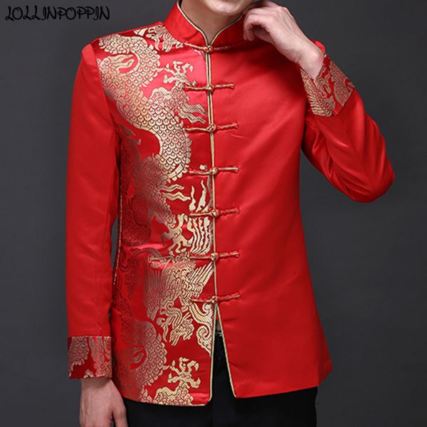 

dragon pattern jacquard mens red suit jacket mandarin collar traditional chinese men satin wedding jacket frog closure, White;black