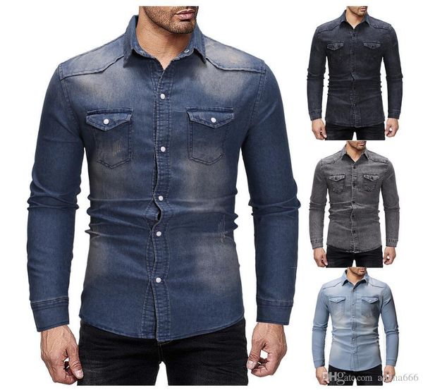 

new 2019 fashion designer slim fit denim shirts mens dress shirts jeans long sleeved business casual shirts males clothes cowboy shirt, White;black