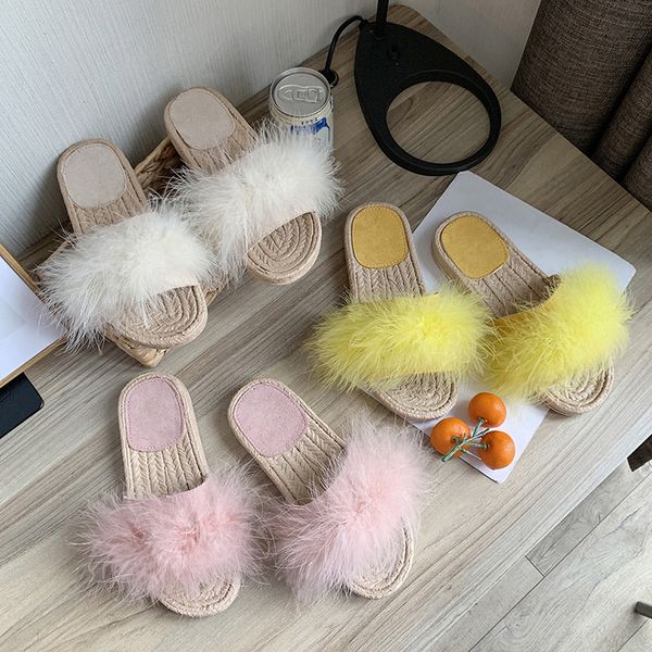 

women summer fur slides women flat ostrich open-toed sandals and beach slippers solid non-slip outside slippers, Black