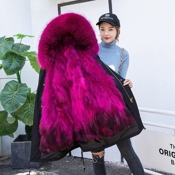 

fur hood parkas winter jacket coat women parka big real raccoon fur collar natural liner long outerwear overcoat 2018, Black