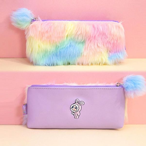 

korean kawaii penal cute plush school pencil case rainbow big box bag pencilcase for girls pouch large stationery supplies k3c5