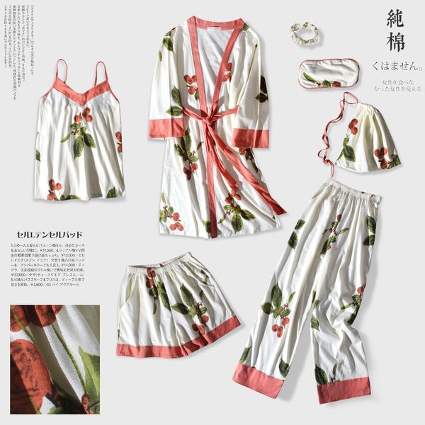 

100% cotton 7 pieces set summer autumn winter elegant women pajamas full shorts long sleeve elastic waist pants lounge robe, Blue;gray
